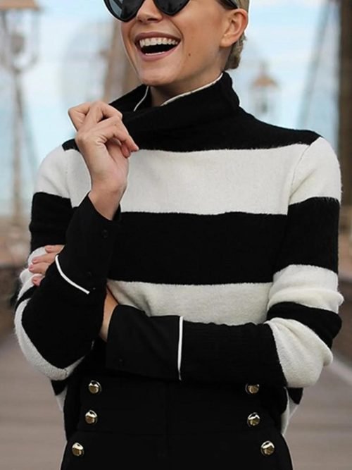 Sweaters | Color Block Buttoned Mock Neck Elegant Sweater – Women